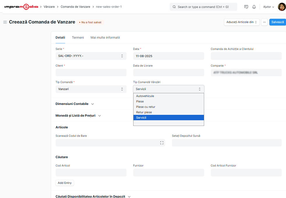 ERP NEXT - Comandă de Vânzări
